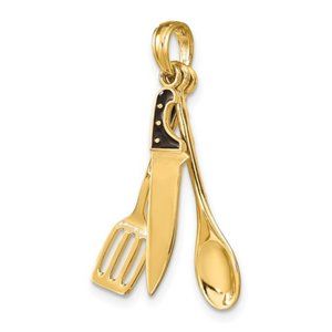 14k Yellow Gold 3-D Black Enamel Chef's Butcher Knife Spoon Spatula Charm pendan
